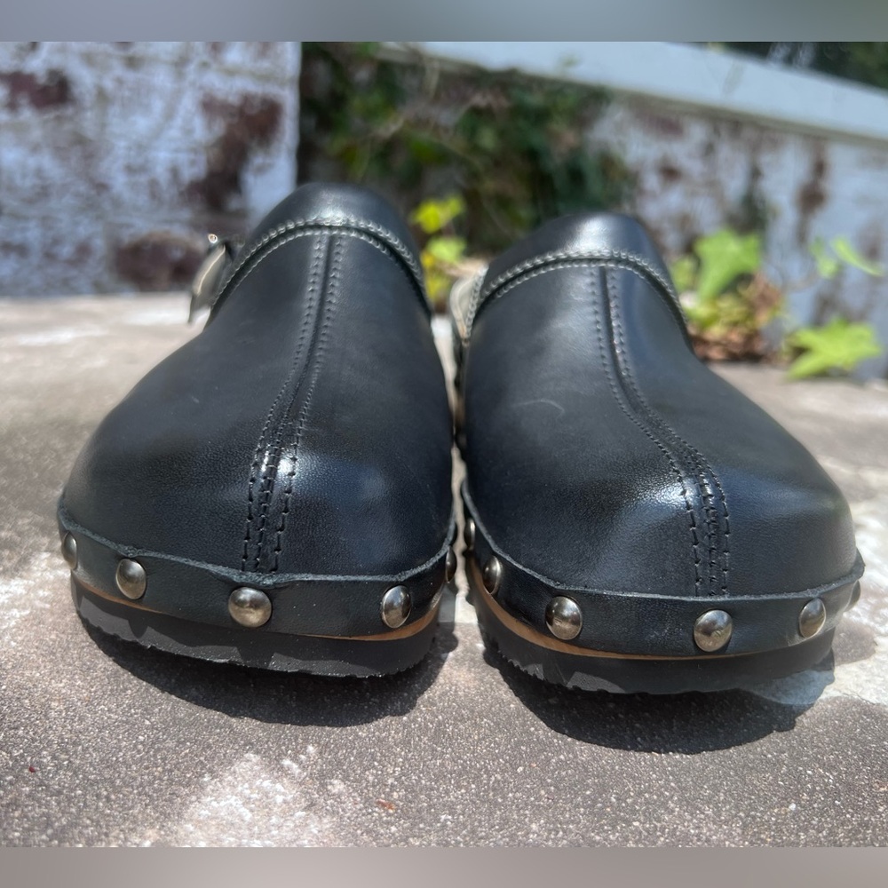 Kalso Earth Shanti Black Leather & Wood Slip Clogs Mules Negative Heel Sz 7 NWOB - Picture 3 of 13
